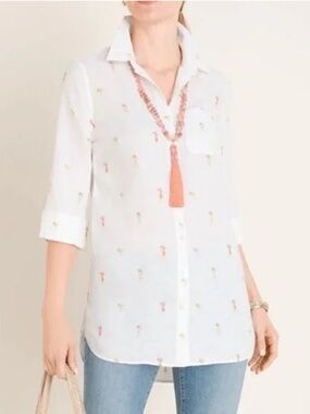 Chico’s Embroidered Button Down Tunic Shirt Women Ivory 100% linen Novelty Sz 3